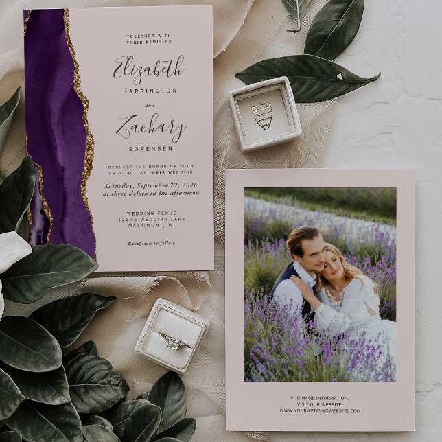 Modern Photo Purple Gold Agate Blush Wedding Invitation (Creator Uploaded)