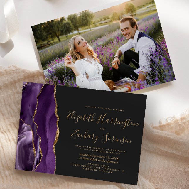 Modern Photo Purple Gold Agate Dark Wedding Invitation (Creator Uploaded)