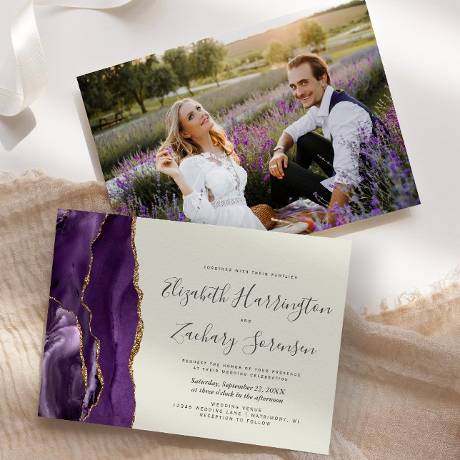 Modern Photo Purple Gold Agate Ivory Wedding Invitation (Creator Uploaded)