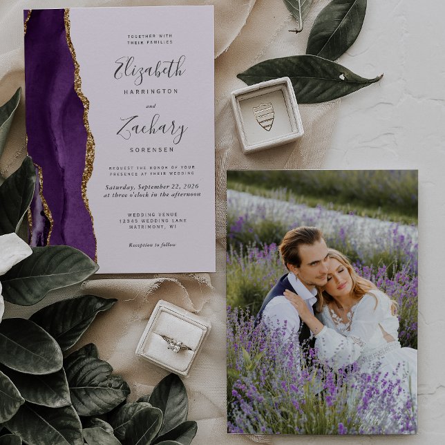 Modern Photo Purple Gold Agate Lavender Wedding Invitation (Creator Uploaded)