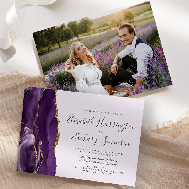 Modern Photo Purple Gold Agate Lavender Wedding Invitation (Creator Uploaded)
