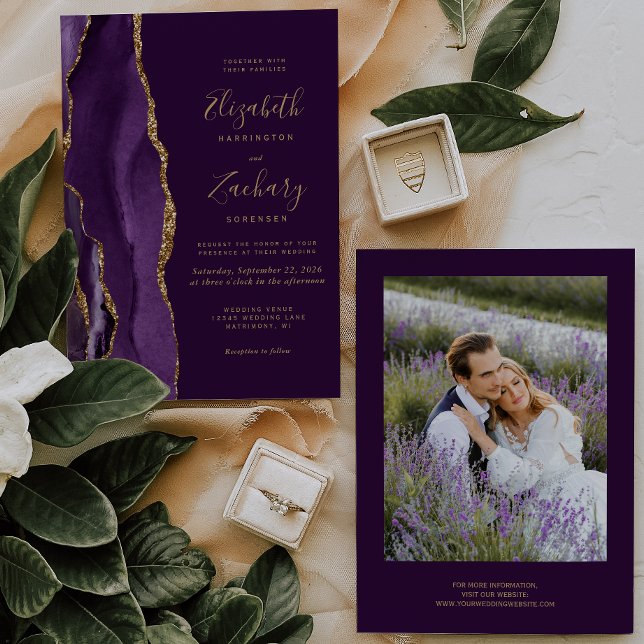 Modern Photo Purple Gold Agate Plum Wedding Invitation (Creator Uploaded)