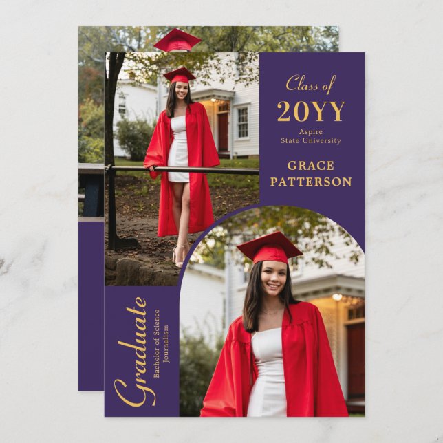 Modern Photo Purple Gold Graduation Announcement (Front/Back)