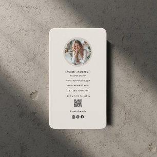 Modern Photo & QR Code Beige Social Media Design Business Card