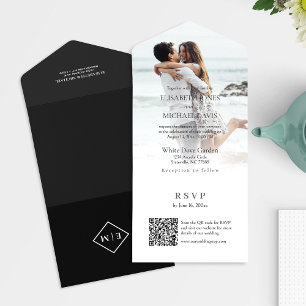 Modern Photo QR Code Black Wedding All In One Invitation