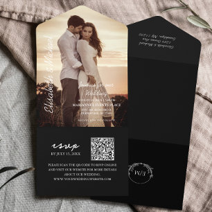 Modern Photo QR Code Black Wedding All In One Invitation
