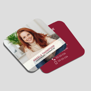 Modern Photo QR Code Connect With Me Burgundy Square Business Card
