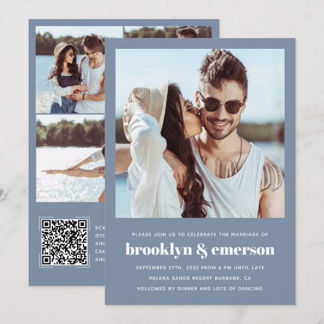 Modern Photo QR Code Dusty Blue Wedding Invitation (Front/Back)