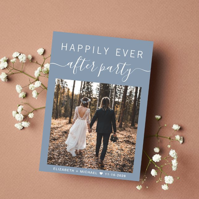 Modern Photo QR Code Dusty Blue Wedding Reception Announcement (An chic Happily Ever After Party Invitation to set the tone for an unforgettable event)