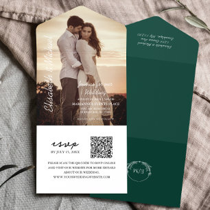 Modern Photo QR Code Emerald Green Wedding All In One Invitation