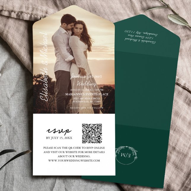 Modern Photo QR Code Emerald Green Wedding All In One Invitation (Simplify your wedding with all-in-one invitations, with QR code for RSVP. Modern elegance made easy!)