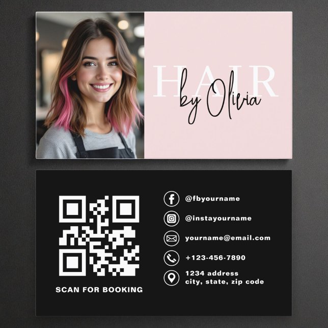 Modern Photo QR Code Hair Stylist Blush Pink Business Card (Creator Uploaded)