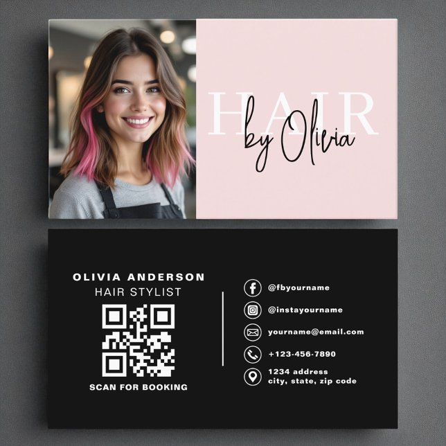 Modern Photo QR Code Hair Stylist Typography  Business Card (Creator Uploaded)