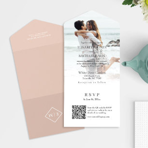 Modern Photo QR Code Peach Wedding All In One Invitation