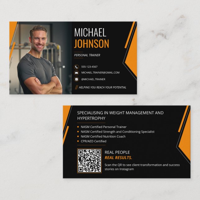 Modern Photo QR Code Personal Trainer  Business Card (Front/Back)