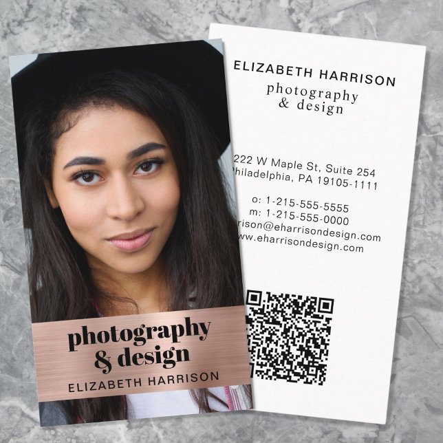 Modern Photo QR Code Rose Gold Business Card (Input your website address to create a scannable QR code)