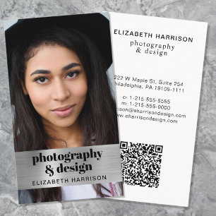 Modern Photo QR Code Silver Business Card