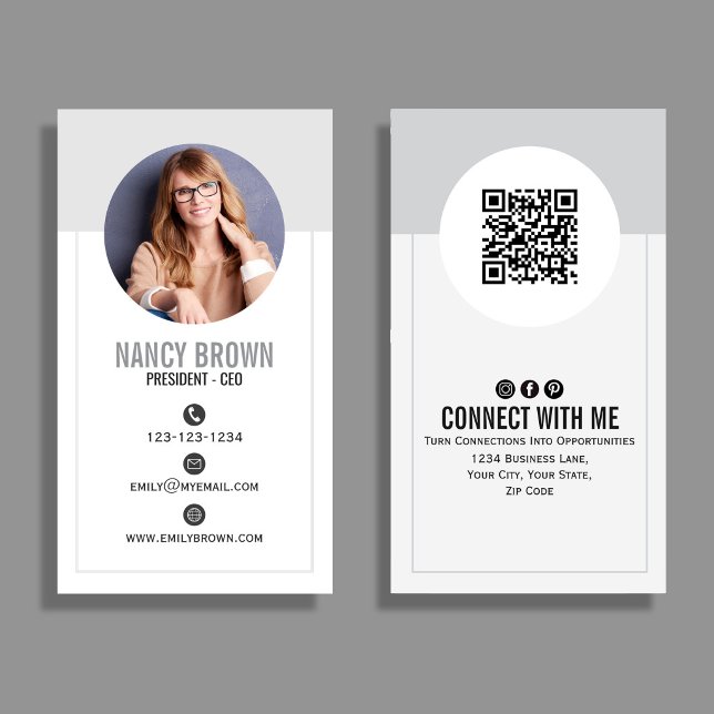Modern Photo QR Code Vertical Business Card (Modern vertical business card featuring a clean photo layout with bold name typography. )