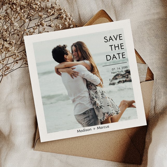 Modern Photo QR Code Website Save The Date Invitation (Capture simplicity for your wedding with our square photo Save the Date invitation.)
