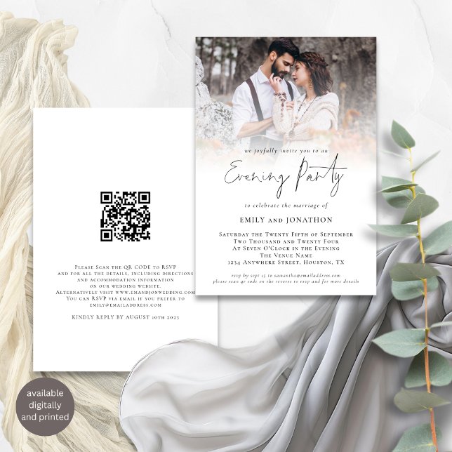 Modern Photo QR Code Wedding Evening Party Invitation (Front and back view)