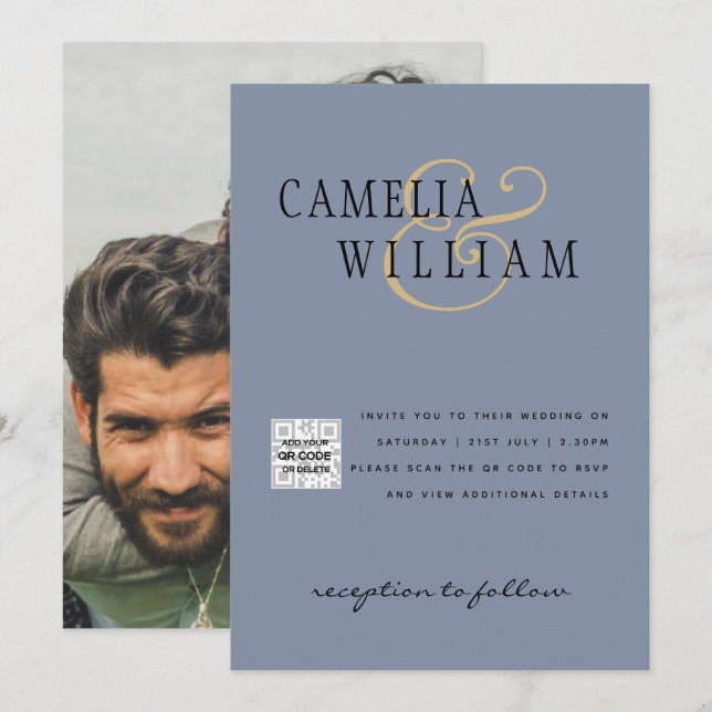 Modern PHOTO QR CODE Wedding Invite or Save Date (Front/Back)