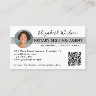 Modern Photo QR Notary Signing Loan Agent Grey Business Card