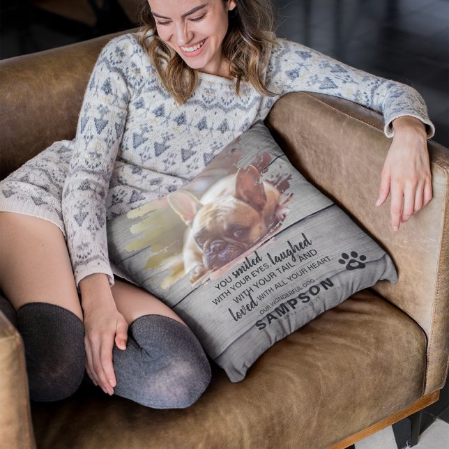 Modern Photo & Quote Pet Loss | Grey Rustic Cushion (Creator Uploaded)