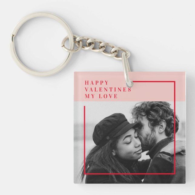 Modern Photo | Red & Pink Happy Valentines Gift Key Ring (Front)