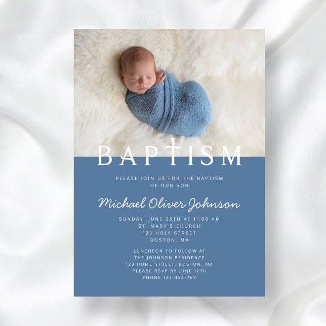 Modern Photo Religious Cross Blue Boy Baptism Invitation (Front Modern Photo Religious Cross Blue Boy Baptism Invitation)
