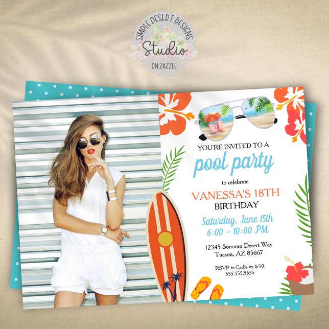 Modern Photo Retro Tropical Pool Party Birthday Invitation (modern trendy pool party invitation for birthday or graduation celebration)