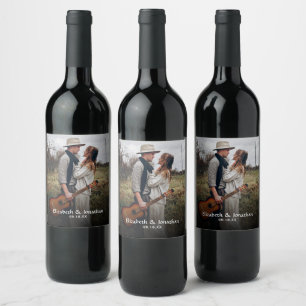 Modern Photo Rustic Script Wedding Wine Label