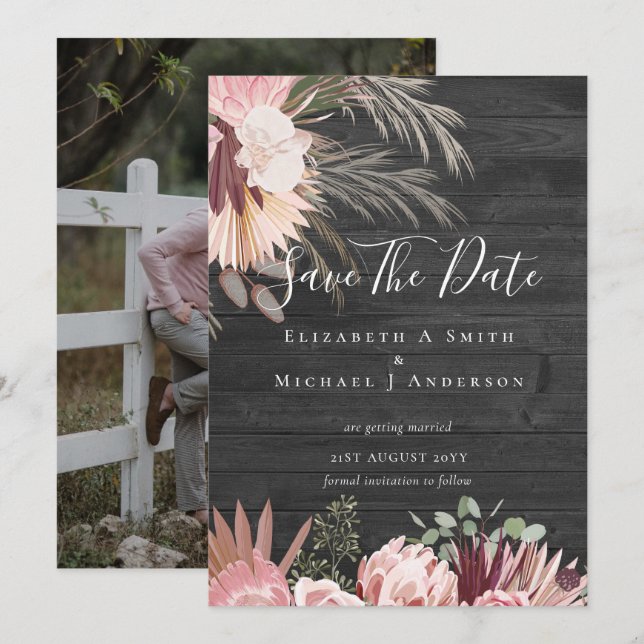MODERN PHOTO SAVE DATES - Pampas Grass Burgundy (Front/Back)