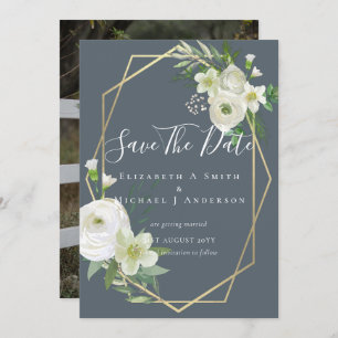 Modern Photo Save Dates White Floral Greenery Leaf