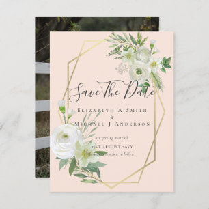 Modern Photo Save Dates White Floral Greenery Leaf