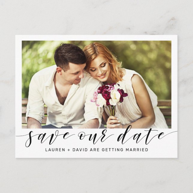 Modern Photo Save the Date Black Script Wedding Announcement Postcard (Front)