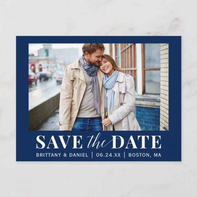 Modern Photo Save The Date - Blue or Pick Colour Postcard (Front)