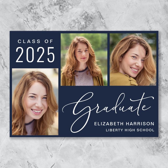 Modern Photo Script Blue Graduation Announcement (Cherish the milestone: share your graduate's achievement with a custom photo graduation announcement)
