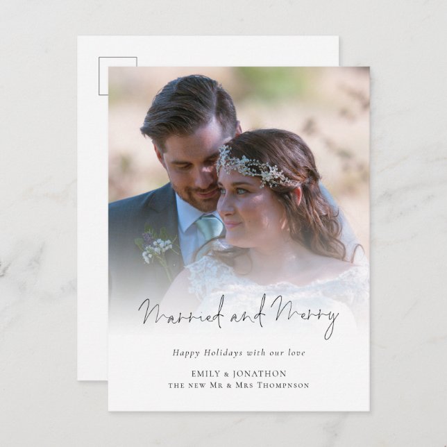 Modern Photo Script Married and Merry Holiday Postcard (Front/Back)