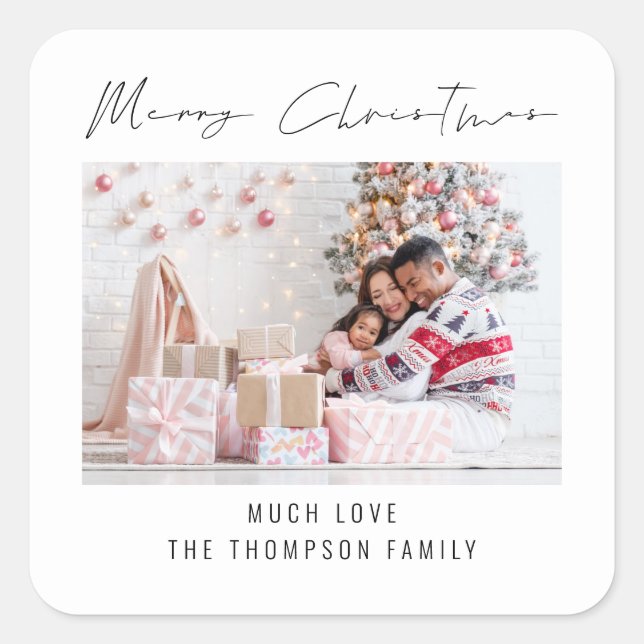 Modern Photo Script Merry Christmas Square Sticker (Front)