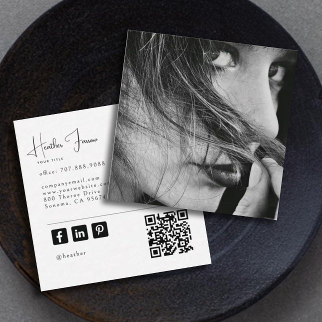 Modern Photo Script Name Social QR Code Square Business Card (Creator Uploaded)