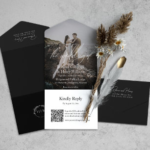 Modern Photo Script QR Code RSVP Black Wedding All In One Invitation