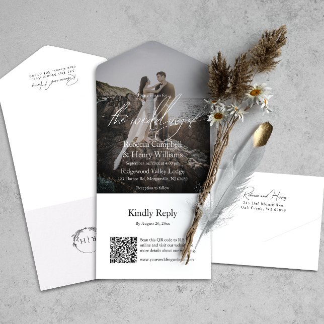 Modern Photo Script QR Code RSVP Wedding All In One Invitation (All-in-one wedding invitation with QR code to RSVP - Simplify and save time for you and your guests.)