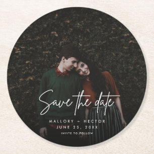 Modern Photo Script Unique Wedding Save the Date Round Paper Coaster