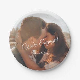 Modern Photo Script We're Engaged Party  Paper Plate