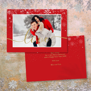 Modern Photo Snowflakes Gold Love Script  Holiday Card