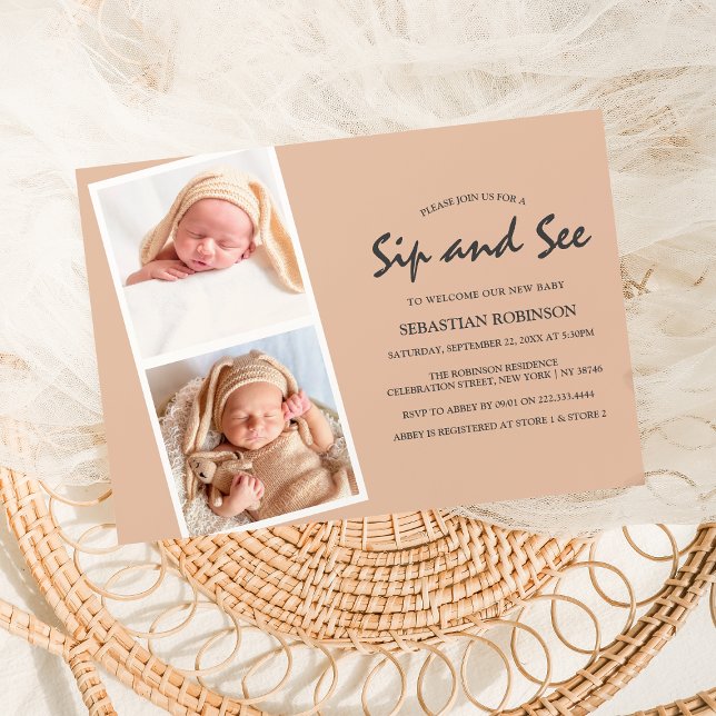 Modern Photo Strip Collage | Sip & see | New Baby  Invitation (Creator Uploaded)