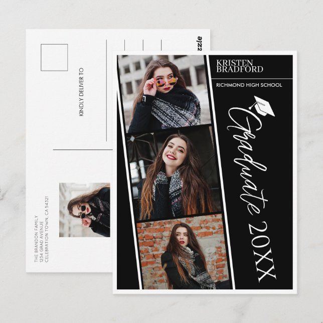 Modern Photo Strips Black Graduation Announcement Postcard (Front/Back)