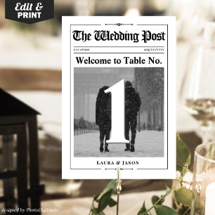 Modern Photo Table Number Card Wedding Newspaper