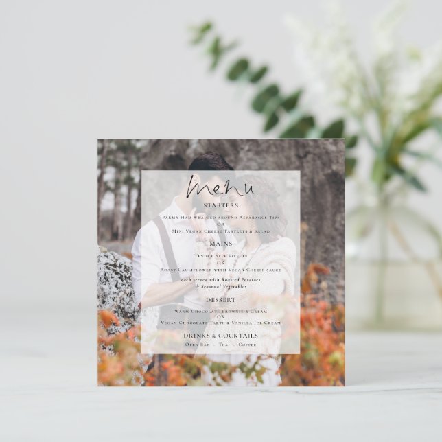 Modern Photo Tint Script Wedding Square Menu (Standing Front)