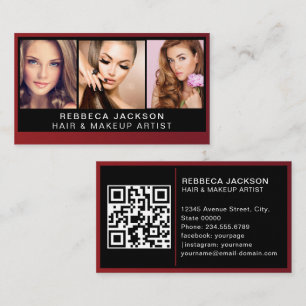 Modern Photo Trio for Makeup Artists Black QR Code Business Card